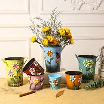 Double ear retro to make old small iron sheet barrel sturdy and durable iron art flower pot solid welding flower barrel flower shop creative flower barrel