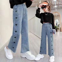 Girls wide legs jeans spring and autumn 2021 new girls foreign style loose primary school pants straight childrens trousers