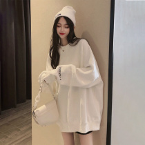 White cotton long letter printed sweater female simple early autumn thin round neck Hong Kong style Korean oversize