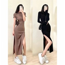 Retro style Wild ins Casual crew neck slim side split short sleeve fishtail dress Over the knee sexy long dress