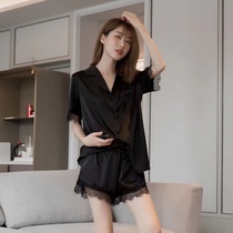 Ice silk pajamas womens summer short sleeve cardigan students Korean two-piece set Net red Ms thin home clothes