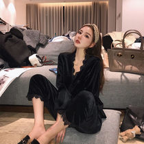 Net red luxury sexy loose casual home clothing golden velvet solid color suit women autumn and winter velvet lace pajamas