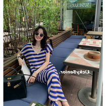 2022 New early spring French style High Cold Sister Wind Striped Dress Dress and European and American High sense Long Straight Drum Skirt