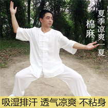 Short-sleeved tai chi suit cotton and hemp low round neck summer martial arts practice Taijiquan clothing middle sleeve middle-aged men and women morning exercise