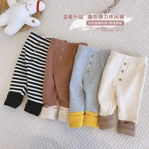 Small and medium-sized girls leggings autumn and winter wear childrens elastic pants plus velvet foreign elastic knitted pants casual long pants