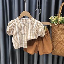 Grid shirt baby short sleeve cute doll shirt summer baby princess shirt shirt girl child sweater