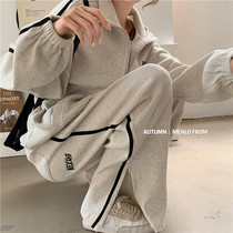 Casual sports suit womens autumn 2021 new long-sleeved zipper jacket sweater wide-leg pants trousers two-piece set tide