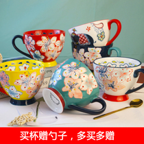 American hand-painted breakfast cup creative ceramic mug Oatmeal cup with lid spoon high-value coffee cup drinking cup