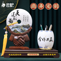 Office decoration ornaments high-grade jade flat buckle pen container desk ornaments company annual meeting custom gifts