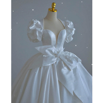 French satin light main wedding dress 2021 new bride high-grade sense of covering thick arms heavy industry luxury tail summer women