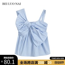 Bow suspender top summer wear 2021 new French blue short sweet and spicy sleeveless doll shirt vest women
