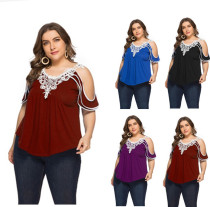 European and American cross-border eBay2022wish lace splicing V collar short sleeve open-shoulder big code T-shirt female L ~ 5XL spot