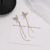  S925 silver needle Korean high-end sense of flash diamond butterfly long tassel earrings personality super fairy girl earrings D201