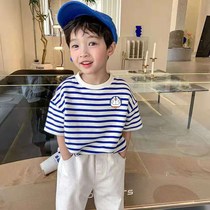 Mens and womens short-sleeved T-shirts pure cotton summer clothes 2021 new baby Korean foreign style fashion childrens striped tops tide