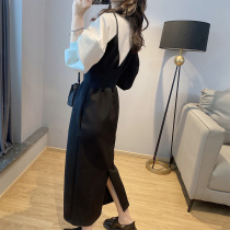Fake two-piece sweatshirt dress womens black French mid-length waist skirt autumn new 2022 European station tide