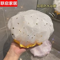Double layer thick waterproof shower cap female cute bath shower hair mask special care hair cover lampblack head cover