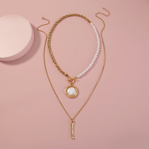 European and American trend jewelry fashion m pearl stitching OT buckle clavicle chain creative diy detachable double-layer necklace trend