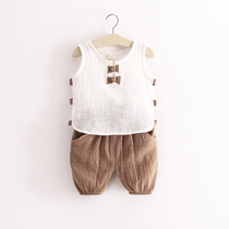 Boys cotton and linen vest suit Female baby summer dress two-piece set of new summer childrens clothing for infants and young children
