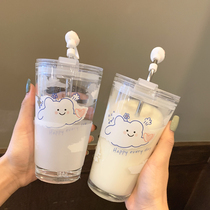 Cute cloud glass straw water cup female household with scale Simple Fresh Milk Cup high-value heat-resistant cup