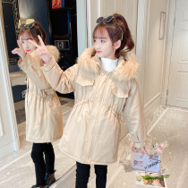 Girls autumn and winter coat Parker clothes windbreaker 2021 Winter New plus velvet middle child Korean hooded waist coat