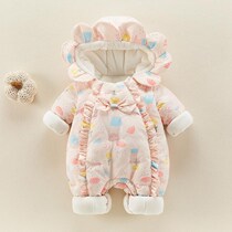 Net red baby jumpsuit plus velvet clothes female baby winter clothes plus cotton warm male newborn cute ha clothes climbing clothes