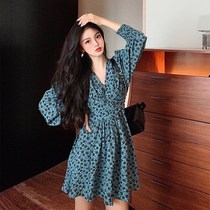 New retro temperament floral skirt fashion large size womens slim waist show slim Joker dress
