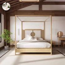 New Chinese solid wood bed modern simple double holder bed 1 8 m Zen master bedroom hotel inn furniture