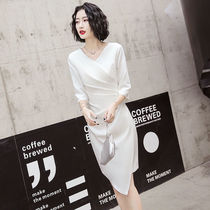White dress Autumn New 2021 Korean version of seven-point sleeve solid color professional slim bag hip Long jumpsuit skirt