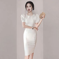 Goddess Fan OL temperament slim slim professional dress 2021 spring new womens short-sleeved square collar hip dress