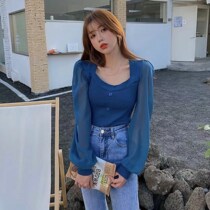 Large size Spring and Autumn new square collar foreign style thin Joker knit sweater women chiffon long sleeve stitching temperament small shirt top