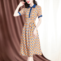 Floral doll collar waist lace-up silk dress female 2021 summer new slim temperament mulberry silk skirt