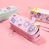 Multifunctional double-layer stationery box large capacity canvas pu Korean version of primary school student pen bag girl heart ins Junior High School creative male stationery bag Korean Japanese hipster cute super cute Net red pencil box