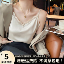 Lace Harness Vest Woman Nestled Real Silk Satin V Collar Small Suit Beating Bottom Sexy Ice Silk White Sleeveless Blouse