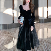 French vintage dress winter long black slim thin Hepburn wind over knee temperament bottom long skirt tide