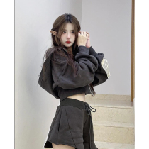 American retro patch cloth with cap sweatshirt female loose slim high waist pumping rope irregular short leather pants two-piece suit