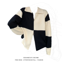 Large size fat sister design sense double zipper checkerboard lapel neck sweater 2021 autumn winter wear knit cardigan jacket