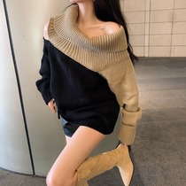 Autumn and winter new lazy style retro all-match fashion Korean version of one-shoulder multi-wear method medium-long stitching sweater female