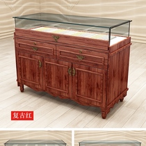 Retro Jewelry Exhibition Cabinet Solid Wood Ornament Emerald Counter Jade Ware Jewelry Glass Exhibition Cabinet Transparent Honey Wax Display Case