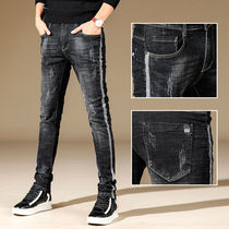 Mens jeans autumn and winter New breathable casual elasticity comfortable slim feet black thick pants mens tide