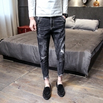  Quick-hand red pants mens pierced nine-point jeans social people beggars small-footed pants spiritual guys black