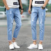 Autumn mens nine-point pants mens slim straight jeans perforated small foot pants student wild youth mens pants