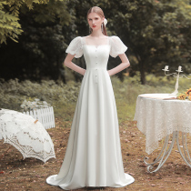 French light wedding dress 2021 New satin simple license registration white dress dress autumn welcome go out yarn