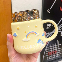 Korean cartoon cute unicorn mirror mug sealed with cover activity gift ceramic cup with hand gift Cup