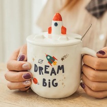 Rocket star ceramic cup with lid spoon large capacity cute drinking cup mobile phone creative bracket couple mug