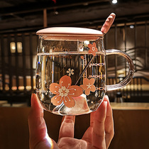 Oatmeal breakfast water Cup household glass cup office female cute tea cup cherry blossom mug with lid spoon