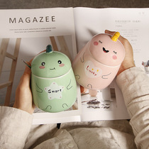 Girl heart Net red cute water Cup breakfast milk with lid spoon ceramic cup cartoon small dinosaur green pottery mug
