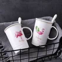 Flamingo creative ceramic cup Nordic style gold coffee cup with lid with spoon mug
