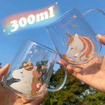 Cute unicorn glass transparent with lid spoon handle mug girl household water Cup heat-resistant teacup
