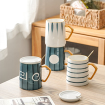 Japanese style minimalist with lid scoop creative mug hand-painted breakfast cute milk female household ceramic cup