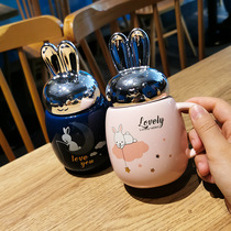 Korean version of Pink cute girl heart rabbit ceramic water Cup Net Red office Breakfast Oatmeal cup with lid